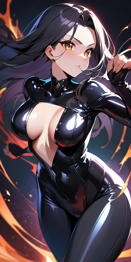 ((Highest quality、masterpiece、anime style、best quality、high resolution、8k、detailed、ultra-detailed:1.3))、Long legs、Sharp focus:1.2, Beautiful woman with perfect figure:1.4、(Smiling:1.2), double eyelid、30-year-old female、Sexy pose、((((Close your mouth、One Woman、All-black catsuit:1.5)))),The background is a different world、movement,Dynamism、Fighting Pose