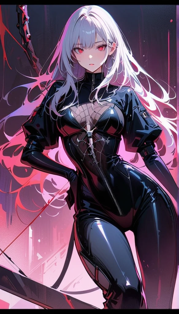 masterpiece, best quality, 8K, number, 1 girl, Solitary, stand up, youth, white hair, Long white hair, Hair accessories, Red Eyes, Round pupil, emotionless expression, Blood, Mechanical Parts, electric wire, cable, Failure Effect, Shocking, Science fiction, Futuristic, The background is darker inside, Neon, cyberpunk characters, Surrealism, Strange, Disturbing, spine-chilling, Shocking, One-piece Pants,Red Eyes,Venom,nigrescence,Long black gloves,One-piece Pants,Tight latex jumpsuit,Highlight her graceful figure,wrap the whole body,Symbiote,((Sexy highlighted)),One-piece Pants,Red Eyes,Venom,nigrescence,Long black gloves,One-piece Pants,Black latex clothing,Blood-Red Eyes,best quality, high resolution, Super detailed, Vivid texture, mask, Tight latex jumpsuit, Bangs,Purple Hair, blue eyes