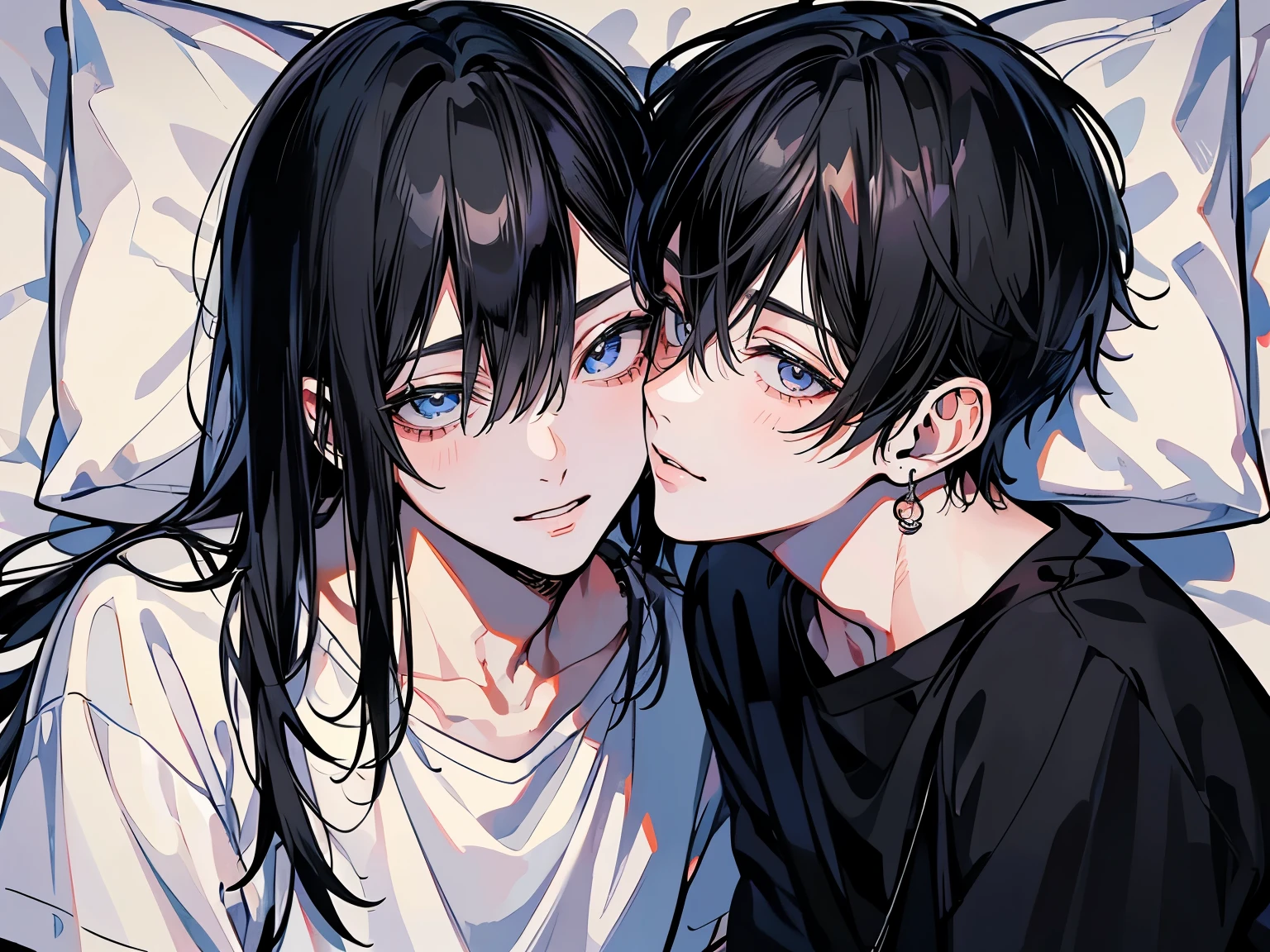 (Mastepiece), (Best Quality), Very detailed, ((Two men kissing on the cheek)), Perfect Face, (Happy Face:1.3)、Beautiful Face, Very detailed顔,(One black-haired man:1.3),(One white-haired man:1.3),T-Shirts、smile、bed