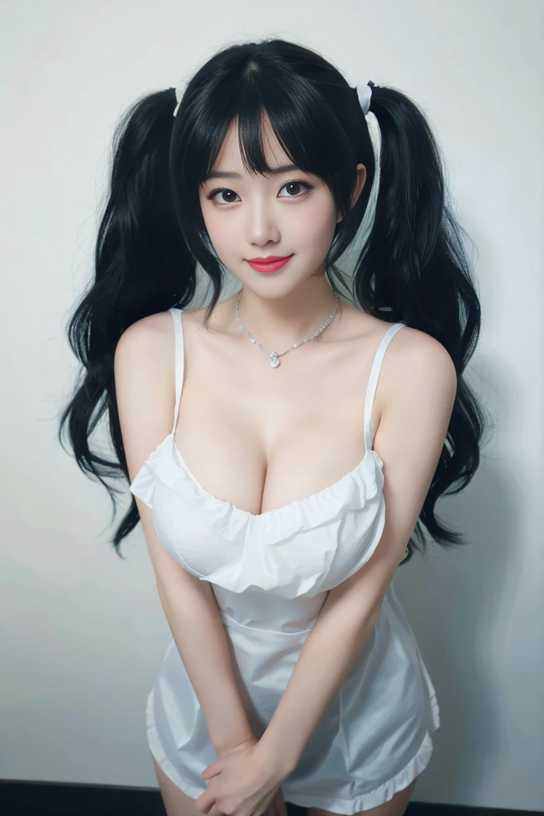 ulzzang-6500-v1.1,(raw photo:1.2),((photorealistic:1.30)), ((best quality)) ,((masterpiece)),((Ultra High Resolution)), ((Clear View)),,Ultra-high resolution,Clear face,（Reality：1.4) ,  illustration, an extremely delicate and beautiful, extremely detailed ,CG ,unity ,8k wallpaper, Amazing, finely detail, masterpiece,best quality,official art,extremely detailed CG unity 8k wallpaper,absurdres, incredibly absurdres, huge filesize, ultra-detailed, highres, extremely detailed,beautiful detailed girl, extremely detailed eyes and face, beautiful detailed eyes,light on face,cinematic lighting,1girl, 独奏, long hair, (twintails:1.5),brown hair,bare shoulders, jewelry, collarbone, earrings,smile, necklace, apron, apron, (full body:1.3), standing, (Tattoos), (Tattoos on the body), (super Giant breasts:1.5), (shagging breasts:1.3), (Cleavage), Naughty, (From the front:1.3),