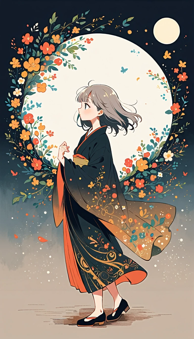 white background, Fujichoco style, black kimono, (((The Most Beautiful Girl))), gray hair, ((full moon)), simple background, Simple line initialism, full body,