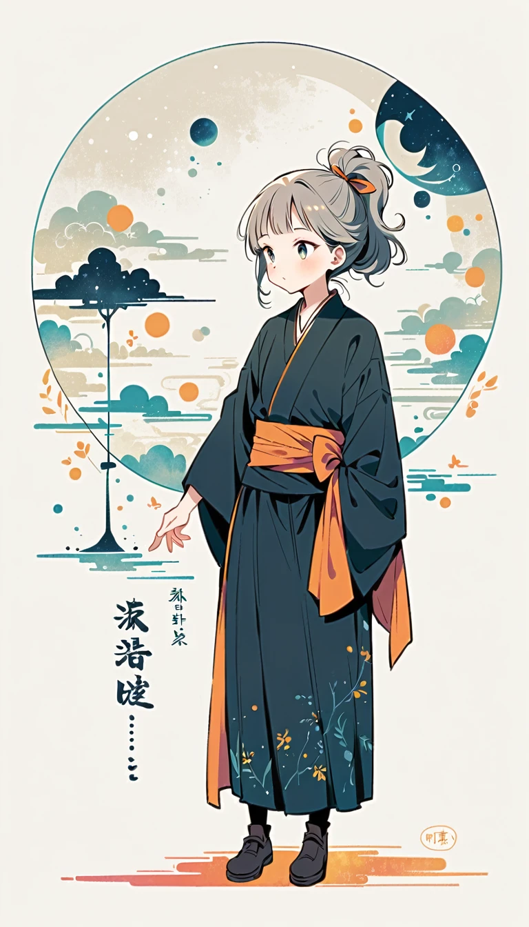 white background, Fujichoco style, black kimono, (((The Most Beautiful Girl))),  gray hair, ((full moon)), simple background, Simple line initialism, full body, 