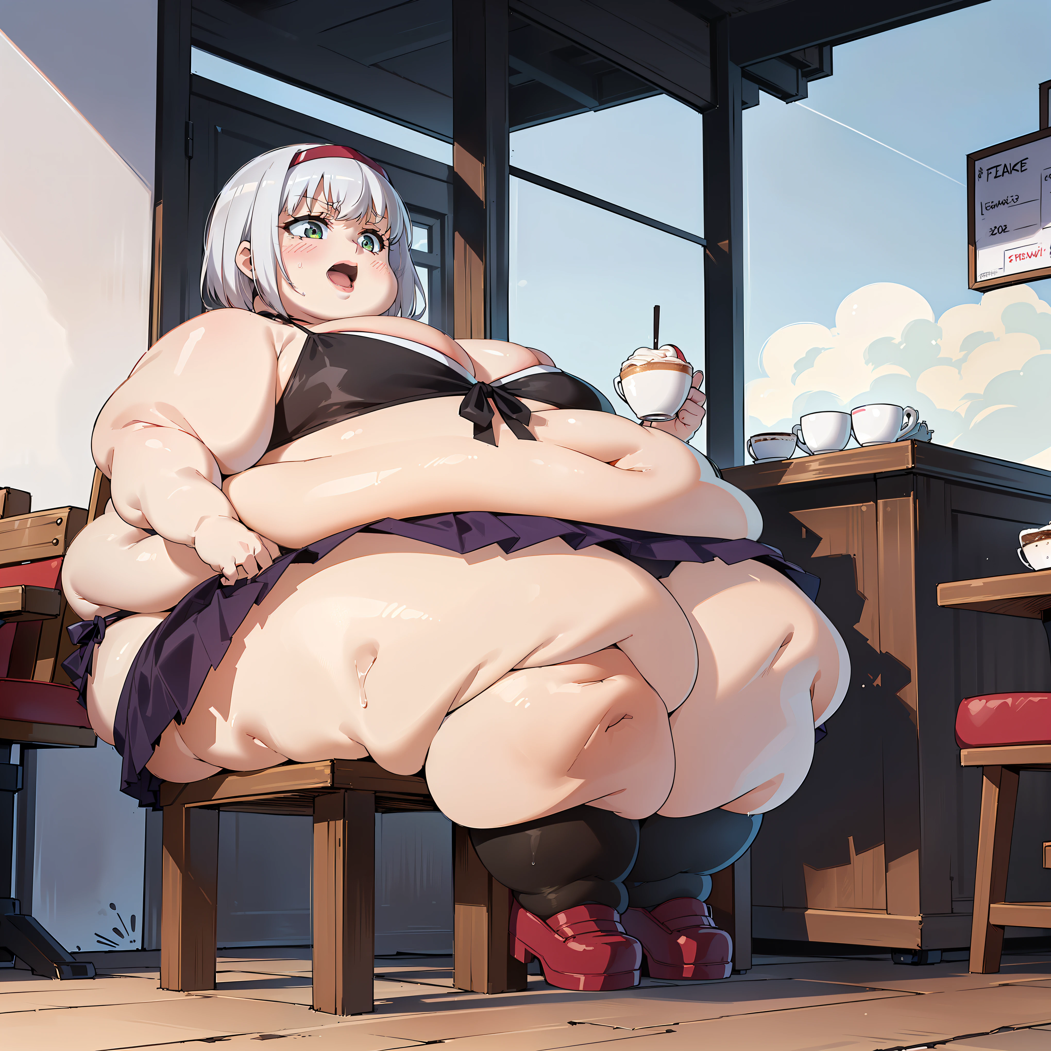 (((baby))), (((little cutie))), (((short stature))), (((bikini, short skirt))), ((white hair with fringe)), ((obese chubby))), ((fat face)), (((big belly))), (((open mouth))), fat and wide thighs, belly, (((tender))), (((sitting in a cafe))), detailed background, ((full body image)),