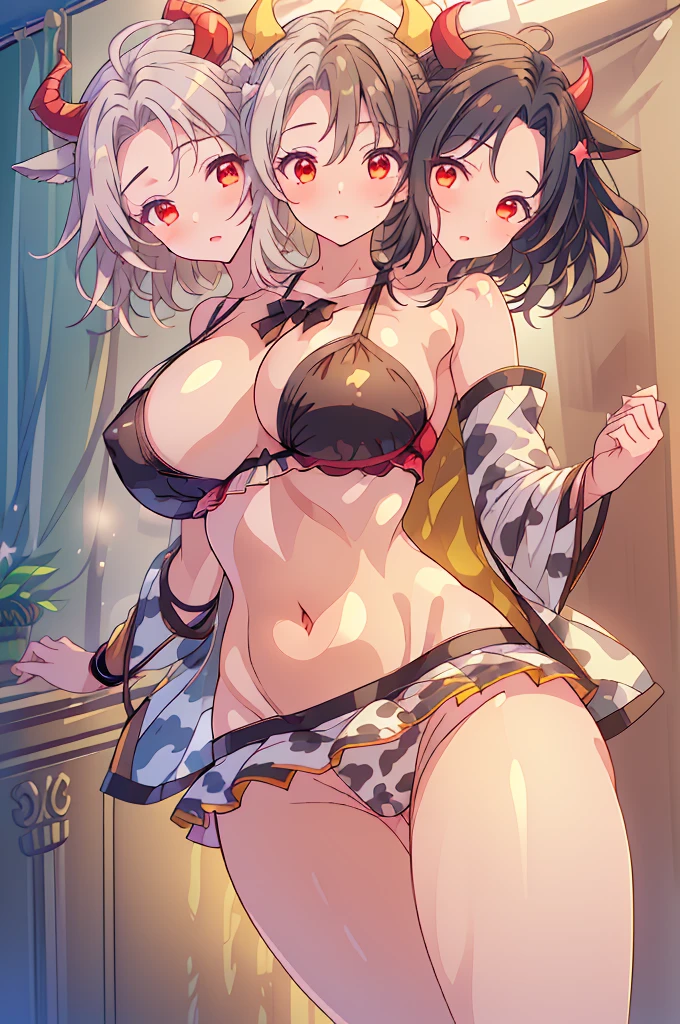 (masterpiece, best quality),best quality, (ultra-detailed), ((3heads:1.5)), 1girl, (ushizaki urumi:1.3), masterpiece, best quality, ultra quality, ultra resolution, ultra detail, white top, crop top, ((stomach)), midriff, ((groin)), yellow skirt, normal ears, shackles, black hair, very long hair, wavy hair, sidelocks, red eyes, parted lips, sweat, cute, toned belly, hand on own chest, eyelashes, (24 year old woman:1.3), (masterpiece:1.5), (best quality:1.5), (beautiful detailed extremely detailed CG, extremely delicate and beautiful, depth of field, (finely detailed face), (perfect details:1.3), (mature female:1.3), wide pelvis, slender, large veiny breast, 16k resolution, highres, very high quality, very high definition, extremely detailed, masterpiece, black hair, long hair, alluring presence, braid, short skirt, close up, very big tits, huge tits, young, star hair ornament, yellow ribbon, side ponytail, cabbie hat, hair ornament, two-tone hair, split-color hair, japanese clothes, horns, cow girl, cow horns,