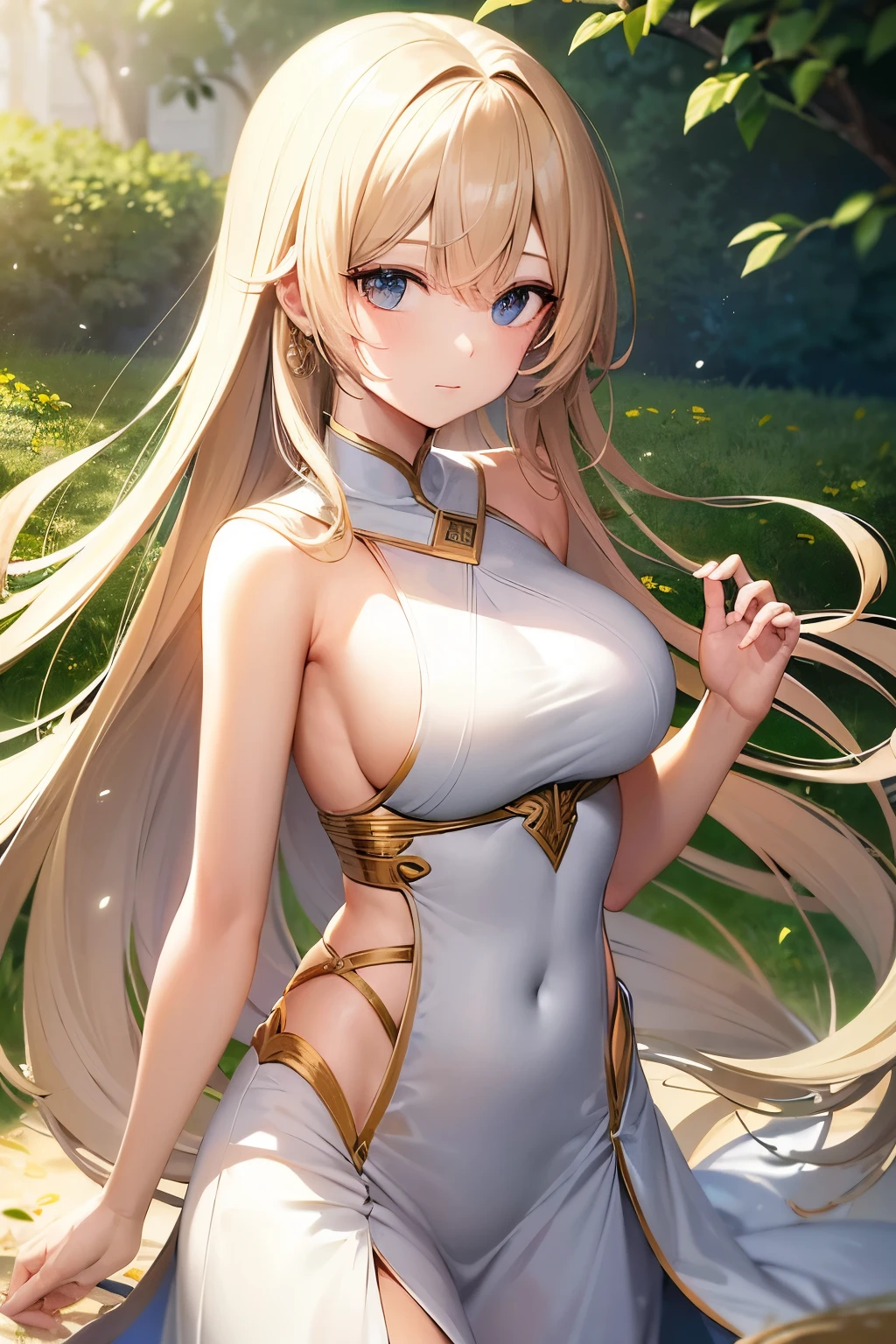 ((best qualityer)), ((work of art)), (detailded), 1girl, slender figure, long flowing hair the color of sun-kissed wheat, glowing skin with an ethereal light, bright eyes as clear as the summer sky, simple yet elegant clothing made from woven vines and leaves, seamlessly blending with surroundings, daytime, high resolution:1.2, best quality, masterful details, upper body shot, neutral expression, looking at the viewer