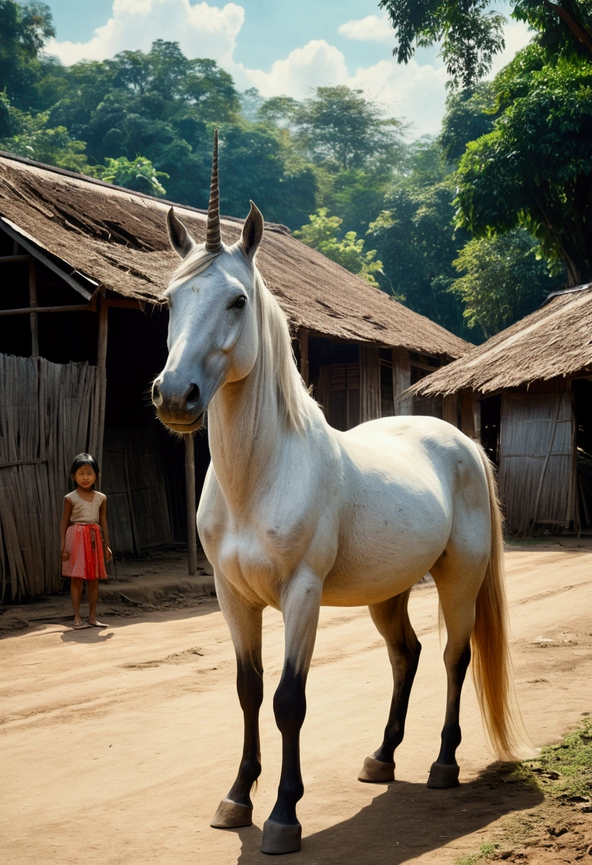 Masterpiece of photography of a unicorn in rural village Thailand in 1960, living with people and children in village, widely view, look like old film, photorealism 