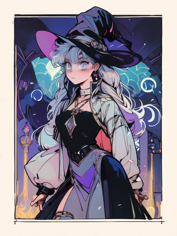 depicts a modern-day witch who has embraced the world of cybernetics to enhance her magical abilities. The artwork should convey the enchanting blend of traditional witchcraft and futuristic technology. Here are some specific elements to include: The Witch's Lair: The setting should be a cozy yet slightly eerie room, filled with magical books, crystal balls, potion ingredients, and antique furnishings. The room should be dimly lit by candles and a soft, mystical glow emanating from her cybernetic enhancements. The Cyborg Witch: The central focus of the artwork is the witch herself. She's a striking figure with a mix of traditional witch attire and cybernetic enhancements. Her clothing should have a witchy, occult aesthetic, with flowing robes, a pointed hat, and an intricate pentagram necklace. Her arms, however, have been upgraded with cybernetic components that incorporate magical symbols and glowing runes. Magical Interface: The witch is in the midst of casting a spell, with a holographic, touch-screen interface floating before her. This interface includes spell incantations, arcane symbols, and digital components, demonstrating her fusion of magic and technology. Spell Ingredients: On a nearby table, there should be a collection of spell ingredients, like herbs, potions, and magical artifacts. Some of these items may have been modified with cybernetic enhancements, blurring the line between the natural and the technological. Familiar: The witch's familiar, perhaps a cat or raven, should be present in the scene, serving as her magical companion. The familiar could also have subtle cybernetic enhancements or glowing eyes. Glowing Runes: The room should be adorned with ancient symbols and glowing runes on the walls and floor, contributing to the magical atmosphere. Aetherial Lighting: Use a combination of mystical, ethereal lighting and cybernetic glows to create a captivating interplay of light and shadow. The contrast between the tradit