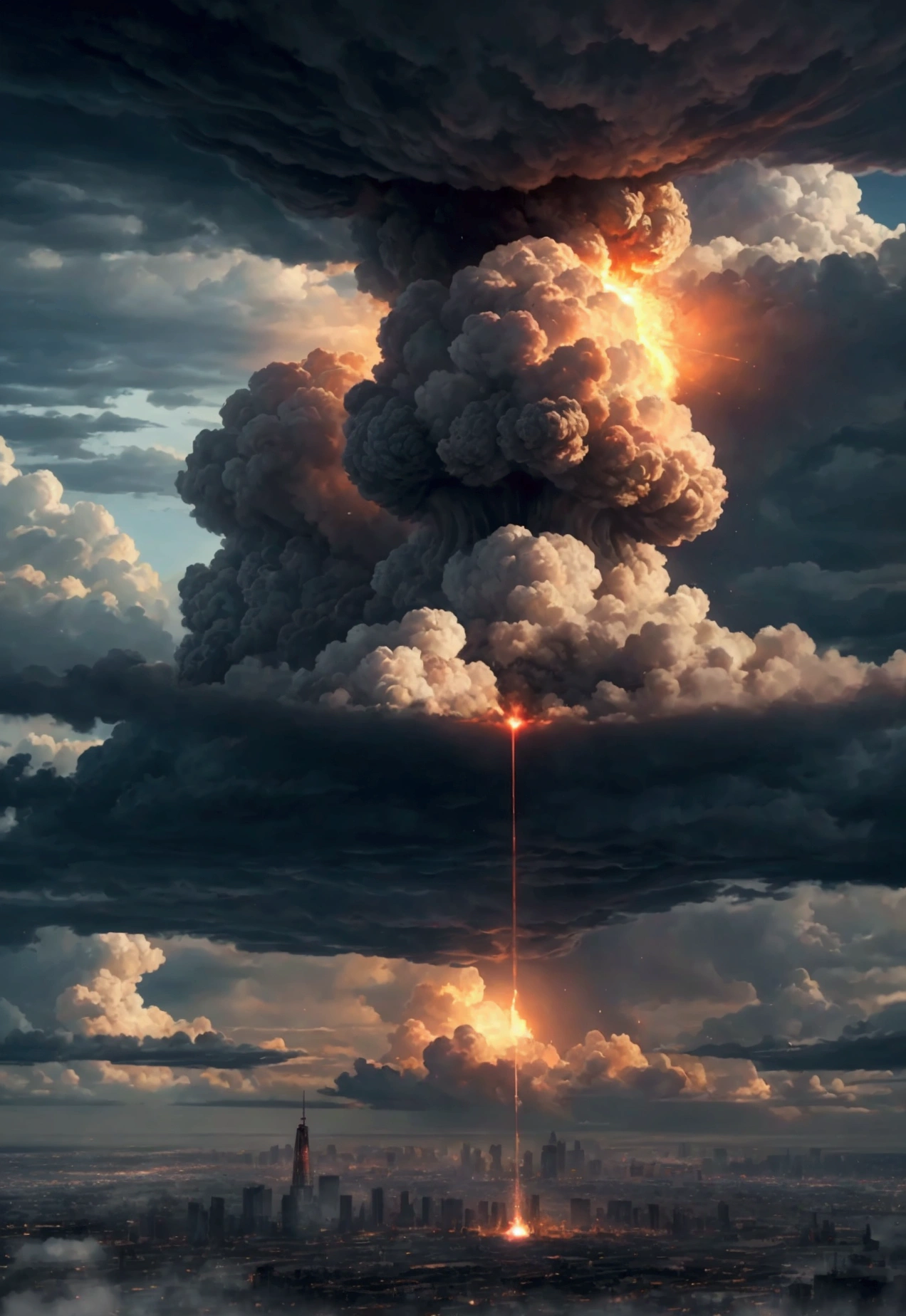 Countless missiles fly down, below is Tokyo City, Mushroom Cloud, Doomsday, 360 degree panoramic view, sci-fi style, cyberpunk, masterpieces, masterpieces, movie lighting, high-definition image quality, high definition, raw photos, 8k