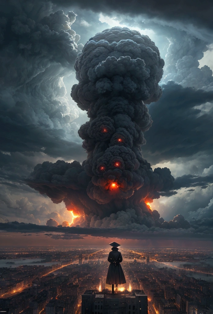 This description depicts a distant atomic explosion over a city, vue depuis une falaise. It creates an impressive cloud of rain. The scene is breathtaking, with landscapes of striking reality, des textures authentiques, Ultra-high-definition resolution, Stunning photos captured by professional cameras, un rendu octane, volumetric lighting, et elle est le fruit d'artistes mondialement reconnus. These creations are award-winning masterpieces,absence de personnages humains.