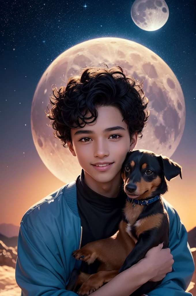 A bright, full moon floats in the night sky, with a faint blue glow around her. Stars twinkle in the background, creating a heavenly atmosphere.
A dark skinned black boy with dark brown eyes and short curly hair style "Little Prince" is sitting on the moon. He wears simple and comfortable clothes, like a blue jacket full of stars and black pants. A radiant smile lights up his face as he holds a red rose in one hand.
A dachshund with soft, golden fur snuggles next to the boy in the moon. His bright brown eyes brim with joy as he licks the boy's hand..
The boy's expression demonstrates a deep connection with nature and the heavenly beauty around him.
The dachshund seems to be the boy's best friend, sharing your moment of peace and happiness.
The red rose in the boy's hand symbolizes love, friendship and admiration for the beauty of life.
The image should be created in a soft, dreamlike style, capturing the magic and fantasy of the moment.
Colors should be vibrant and expressive, highlighting the beauty of the moon, of stars and characters.
The composition must be balanced and harmonious, creating a sense of peace and serenity.
