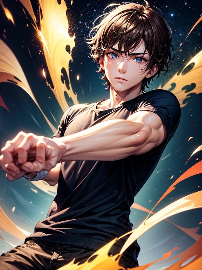 Highest quality,Highest Resolution,A beautiful boy in casual clothes striking a fighting pose,Brown Hair,universe,Milky Way,Both hands are glowing,whole body,front,Expressionless,