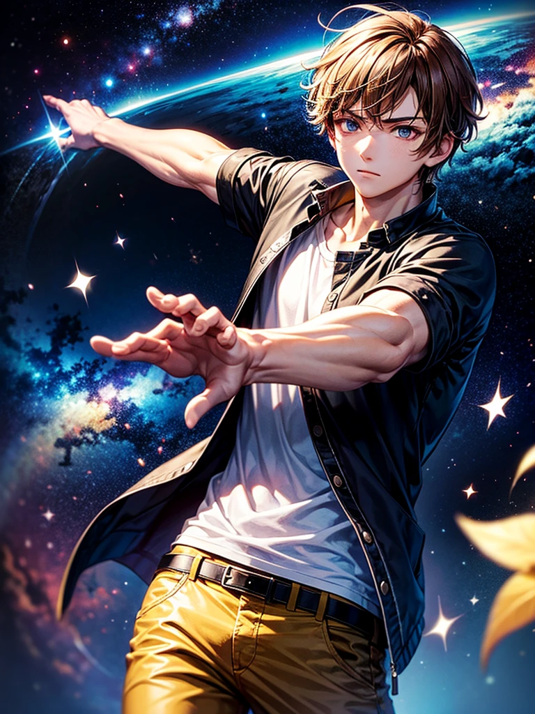 Highest quality,Highest Resolution,A beautiful boy in casual clothes striking a fighting pose,Brown Hair,universe,Milky Way,Both hands are glowing,whole body,front,Expressionless,