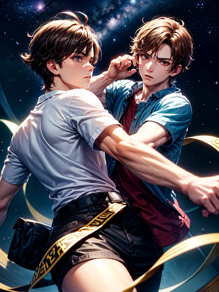 Highest quality,Highest Resolution,A beautiful boy in casual clothes striking a fighting pose,Brown Hair,universe,Milky Way,Both hands are glowing,whole body,front,Expressionless,