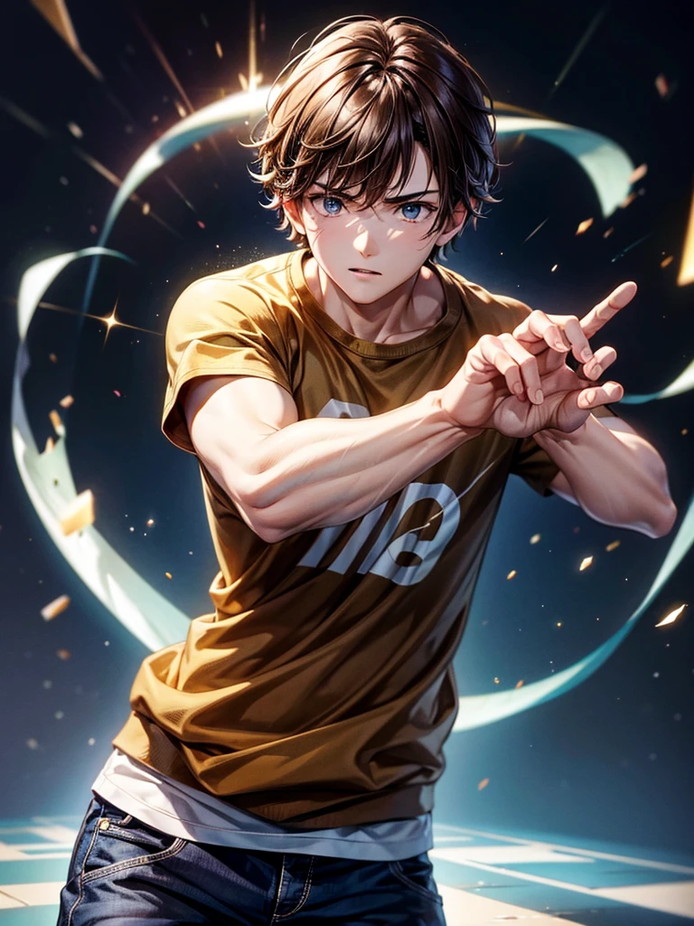 Highest quality,Highest Resolution,A beautiful boy in casual clothes striking a fighting pose,Brown Hair,universe,Milky Way,Both hands are glowing,whole body,front,Expressionless,