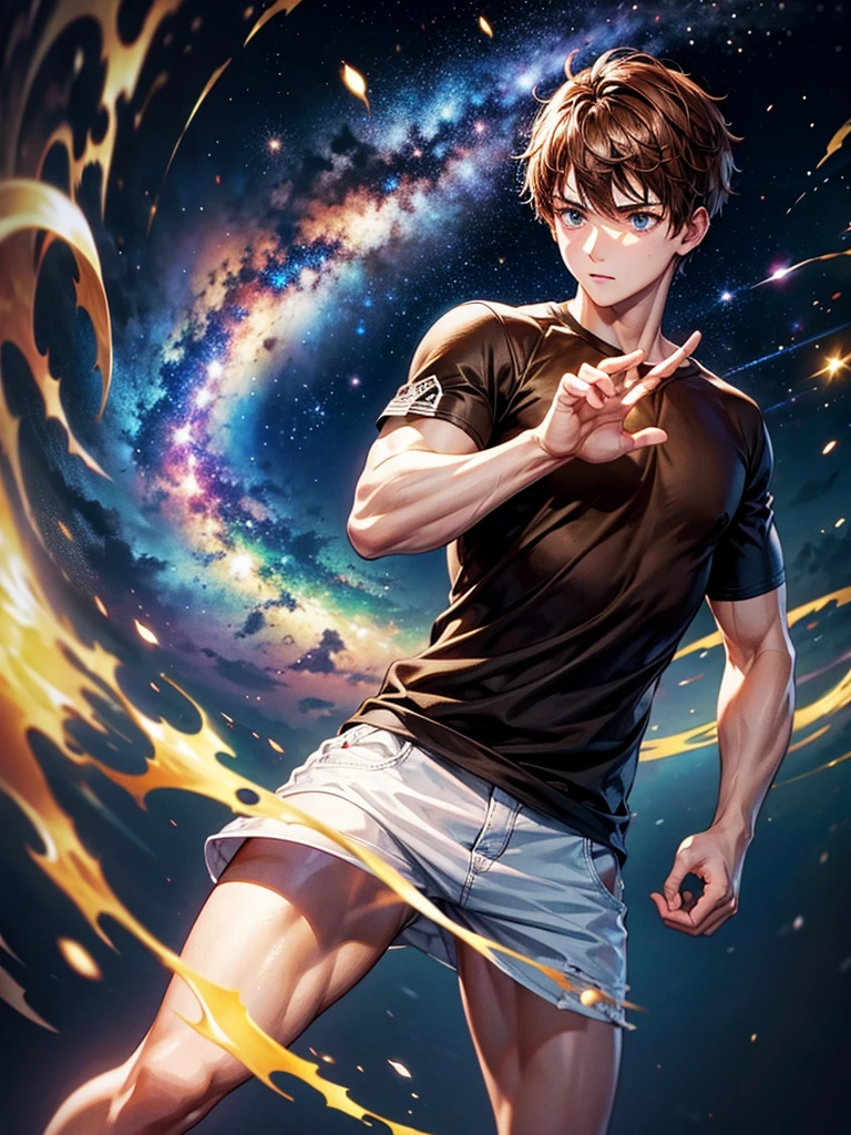 Highest quality,Highest Resolution,A beautiful boy in casual clothes striking a fighting pose,Brown Hair,universe,Milky Way,Both hands are glowing,whole body,front,Expressionless,
