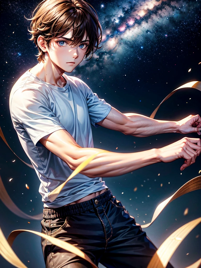 Highest quality,Highest Resolution,A beautiful boy in casual clothes striking a fighting pose,Brown Hair,universe,Milky Way,Both hands are glowing,whole body,front,Expressionless,