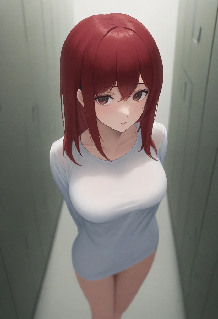 (((masterpiece) (((((Highest quality))))((high resolution))))), Very detailed, Ultra-realistic, )、、lockerルーム、Open shirt、White Bra、White panties、Red Hair、Small breasts、locker、Change of clothes、((Expressionless))、From above.stand