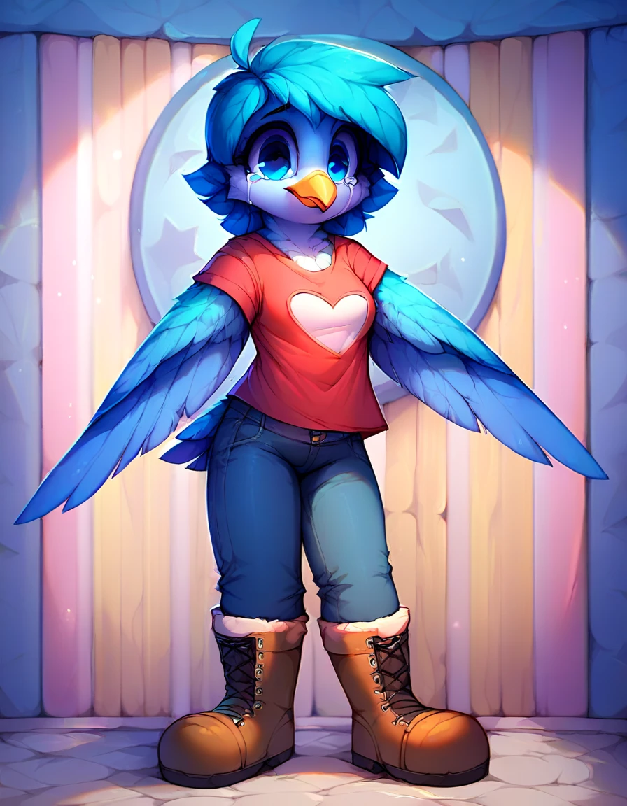 score_9, score_8_up, score_7_up, score_6_up, score_5_up, score_4_up, rating_explicit, source_furry, female, cute anthro female, cute face, (sleevless shirt, pants, boots:1.2) snowdin, detailed background, looking at viewer, forunt view, (wide eyes:1.1), (standing:1.2), solo, solo focus, sad, crying, martlet, avian, blue body, (winged arms, rito:1.3), beak, anthro, blue feathers, bird