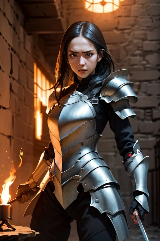 ((masterpiece, Highest quality)), ((Detailed CG integrated 8K people)), Rooms in the dungeon, torches, Woman fighting monsters, Sword in hand, Wear armor,