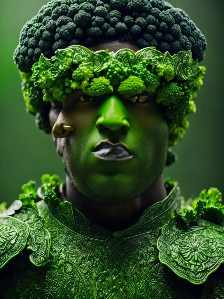 A man wrapped entirely in green broccoli,Skin color is green,Broccoli growing from head,The face is green,(Image of 1 person),cool,Holding broccoli,Broccoli Armor,Hero,A face full of anger,,Broccoli hairstyle,