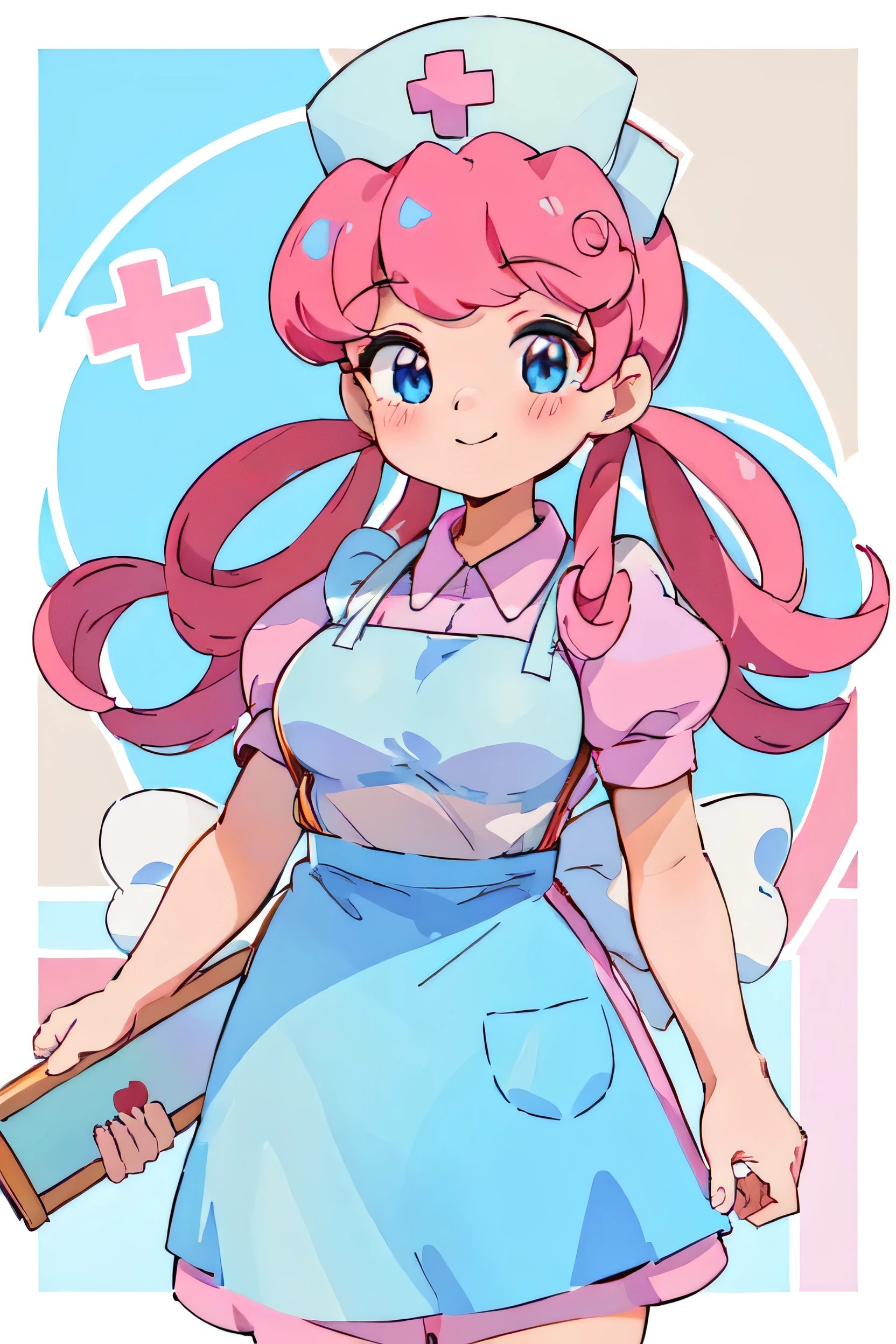 (masterpiece, Highest quality:1.2), nurse joy, Pokemon, blue eyes, Mouth closed, Long Hair, Pink Hair, Short sleeve, nurse, blush, Holding, puffy Short sleeve, Large Breasts, Puff sleeves,  nurse cap, One girl, View your viewers, smile, alone, Have, dress, apron, Hair Ring, clipboard 