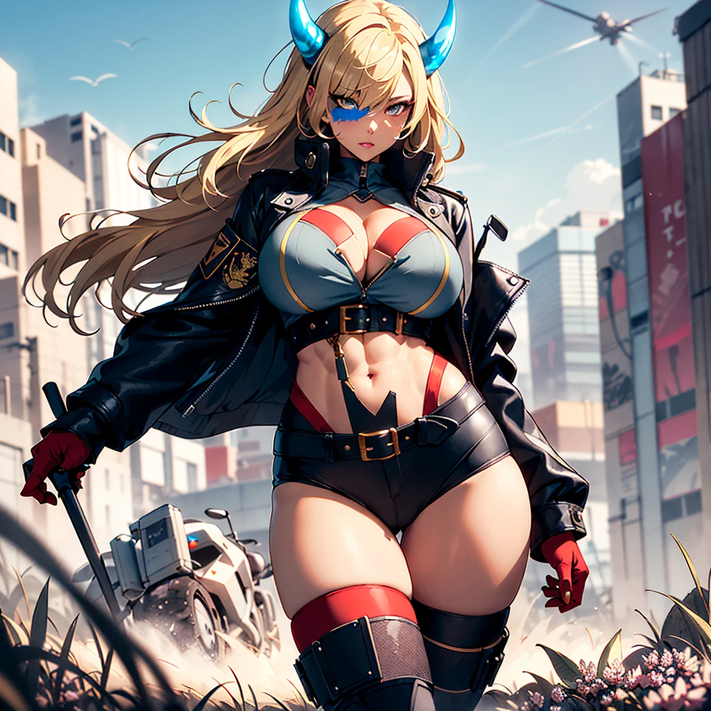 ((best quality)), ((masterpiece)), (detailed), 1girl, 8k_wallpaper, extremely detailed eyes, extremely detailed body, beautiful face, perfect face, detailed ((blonde hair)), (gold eyes), ((large big red and blue horns)), {{dark skin}}, ({dark skinned female}), gigantic breasts, thick thighs, strong arm and leg muscles, strong abdominal muscles, Monster women, Korean women, wearing a modern short black cloth jacket with rolled up sleeves, (wearing heavy gold colored steel cyberpunk armor), a wide red leather belt with blue steel yarn, steel boots, steel thigh guards, a military radio hangs on her belt, a biker girl, she rides on another planet along a lilac field against the backdrop of a blue desert and high red mountains,