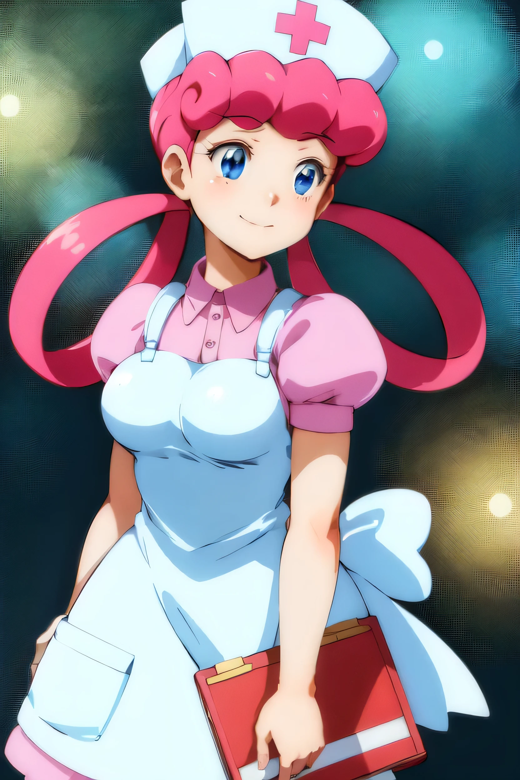 (masterpiece, Highest quality:1.2), nurse joy, Pokemon, blue eyes, Mouth closed, Long Hair, Pink Hair, Short sleeve, nurse, blush, Holding, puffy Short sleeve, Large Breasts, Puff sleeves,  nurse cap, One girl, View your viewers, smile, alone, Have, dress, apron, Hair Ring, clipboard 