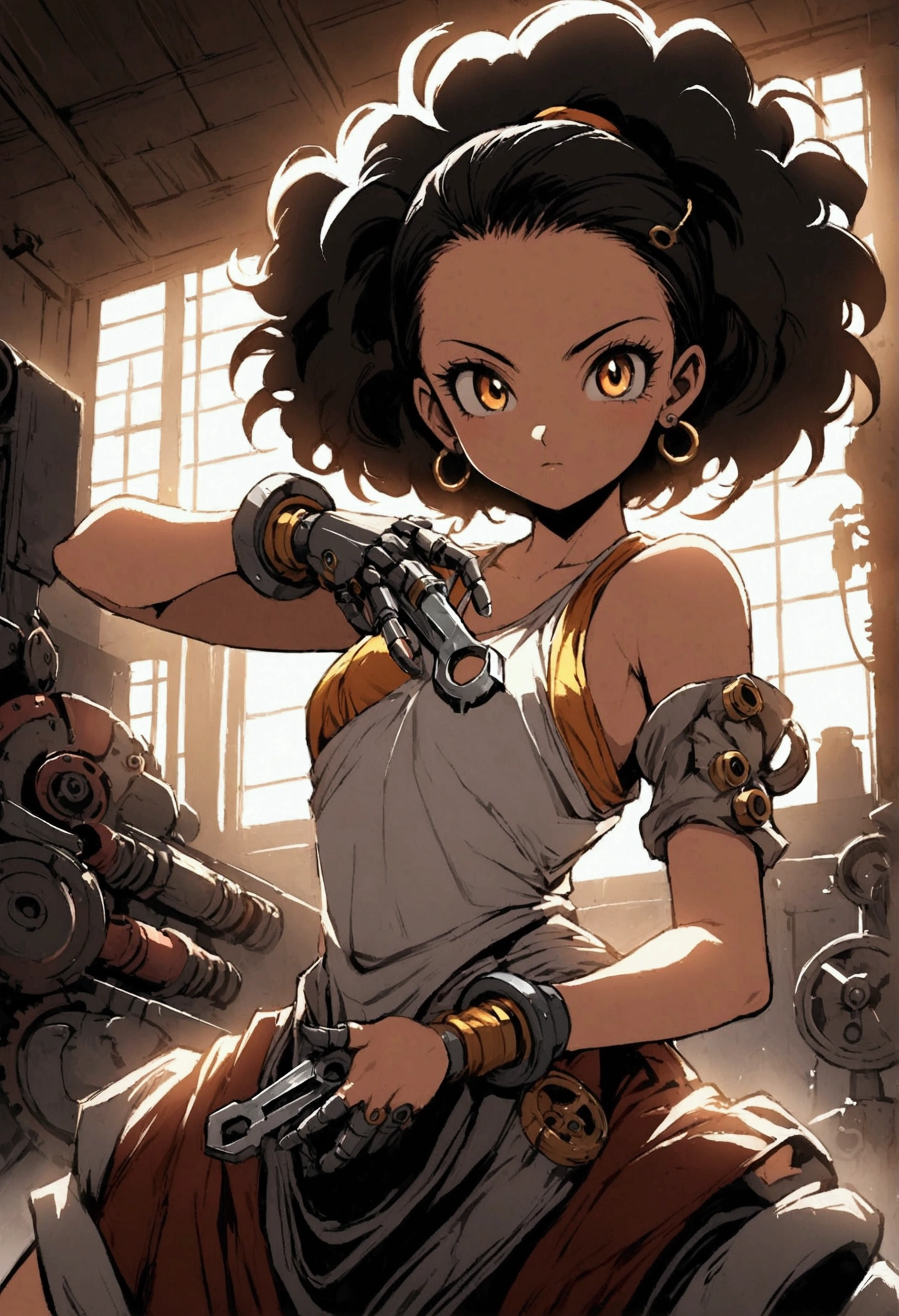 Anime-style illustration, Nami afro + android 18 teen girl dbz with gold fire neon oversized clothing, merging as a mechanic with robotic parts interspersed within his human form, dynamic pose wrench in hand, workshop background cluttered with machinery, oil stains, dimly lit with flickering fluorescent lights, high contrast shadows, vivid colors, intricate detailing of mechanical components, digital painting., Mysterious