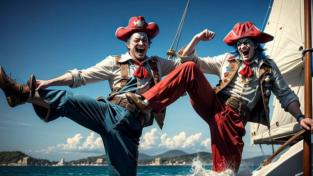 masterpiece, best quality, extremely detailed, hyperrealistic:1.1, photorealistic, a cool 40s man, ultra detailed face:1.2, red nose:1.2, long blue hair, red and white pirate hat, on detailed yacht, sea, kicking, dynamic pose, laughing