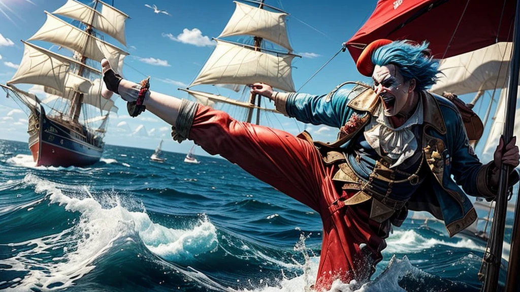 masterpiece, best quality, extremely detailed, hyperrealistic:1.1, photorealistic, a cool 40s man, ultra detailed face:1.2, red nose:1.2, long blue hair, red and white pirate hat, on detailed yacht, sea, kicking, dynamic pose, laughing