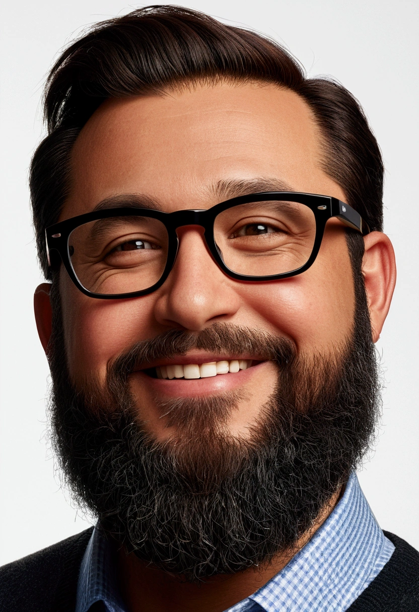 37 year old man, well-trimmed and detailed beard, a little fat and smiling, wearing black glasses of medium thickness and clear lenses, 3d shape, pixar disney, cartoon