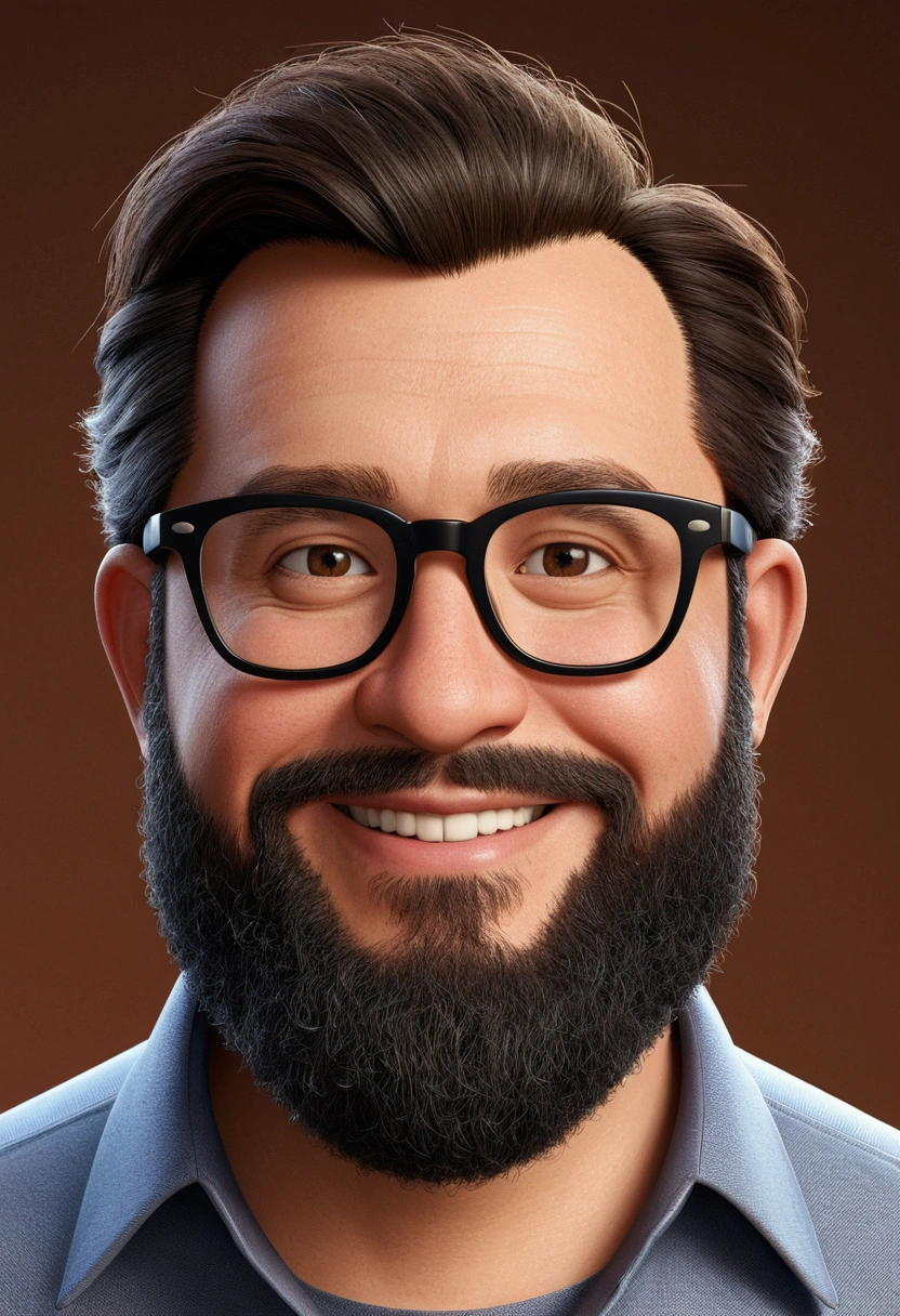 37 year old man, well-trimmed and detailed beard, a little fat and smiling, wearing black glasses of medium thickness and clear lenses, 3d shape, pixar disney, cartoon