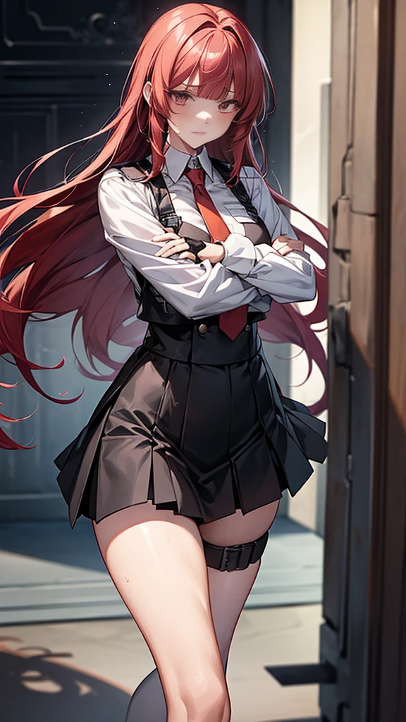 a girl，long red hair，Purple Eyes，blush，Female high school student，student，Black vest，Super detailed zipper，mini skirt，Knee socks，Rendering，best picture，dynamic poses，looking into camera