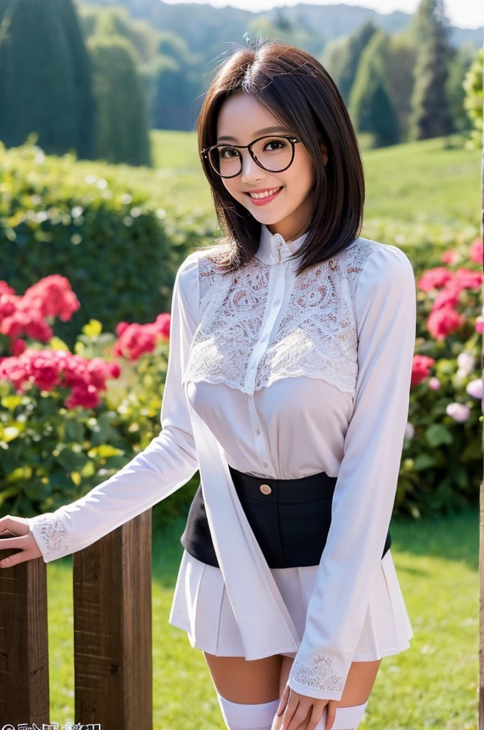 Wearing a long-sleeved blouse, Wearing a miniskirt, Standing in knee-high socks. Black Bob Hair, Wearing glasses, Very large breasts, O cup or larger, Smiling Face, nsfw, Sophisticated atmosphere. The images are of the highest quality, Highly detailed realism and vibrant colors. Lighting is perfectly balanced, Creates a professional and sophisticated look.