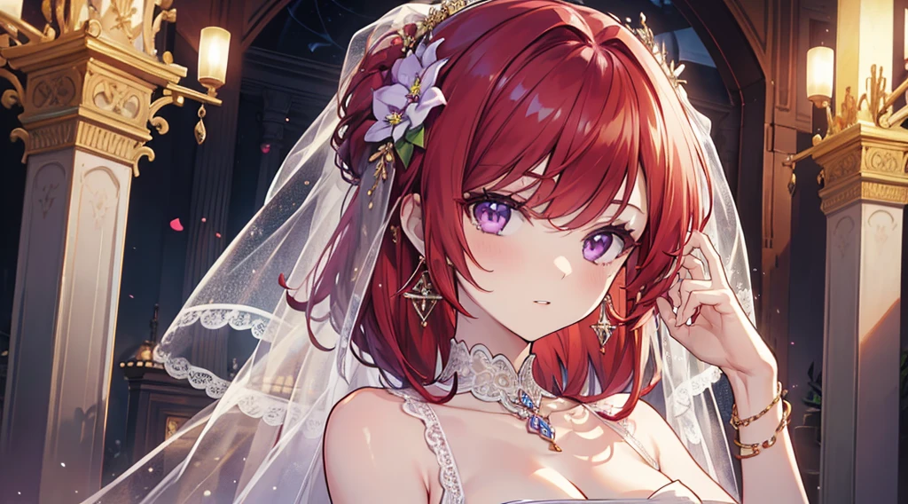Highest quality, masterpiece, figure, wallpaper,One woman, Beautiful detailed woman, Highly detailed eyes and face, Beautiful attention to detail, Shine, View your viewers, Purple Eyes,,Bright Red Hair ,crisp finger, clear background, deep night、Big earrings、bracelet,28 years old,Are standing,Slim body,Wedding dress