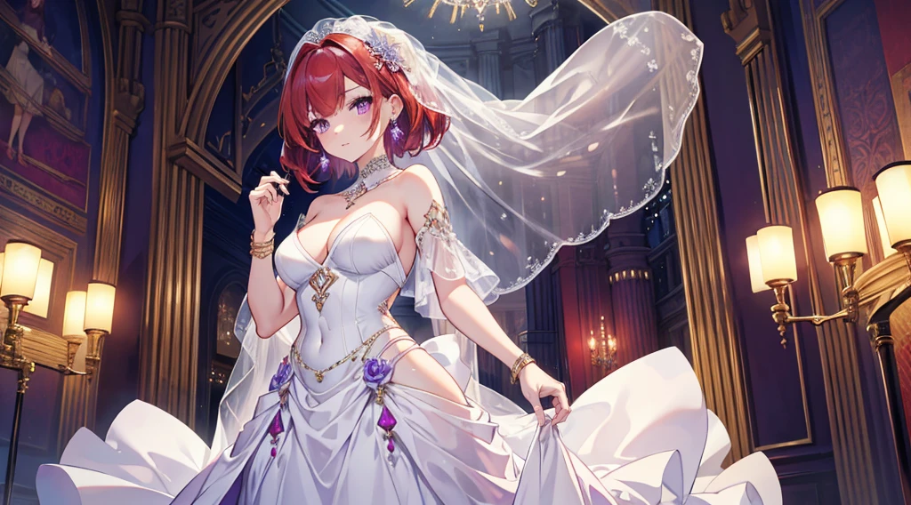 Highest quality, masterpiece, figure, wallpaper,One woman, Beautiful detailed woman, Highly detailed eyes and face, Beautiful attention to detail, Shine, View your viewers, Purple Eyes,,Bright Red Hair ,crisp finger, clear background, deep night、Big earrings、bracelet,28 years old,Are standing,Slim body,Wedding dress