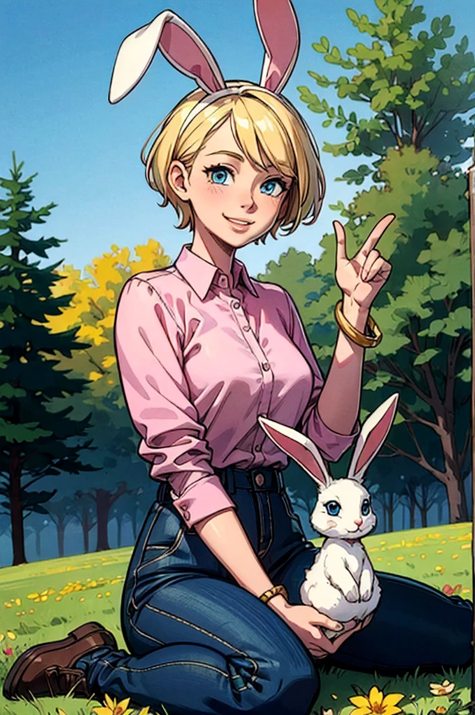 sarah,short blonde hair, blue eyes, pink shirt, black long sleeves, plaid pants, bracelet, looking at viewer, smiling, happy, sitting, wariza, on grass, holding a bunny, outside, park, flower field, blue sky, dreamy ambiance, high quality, masterpiece,  