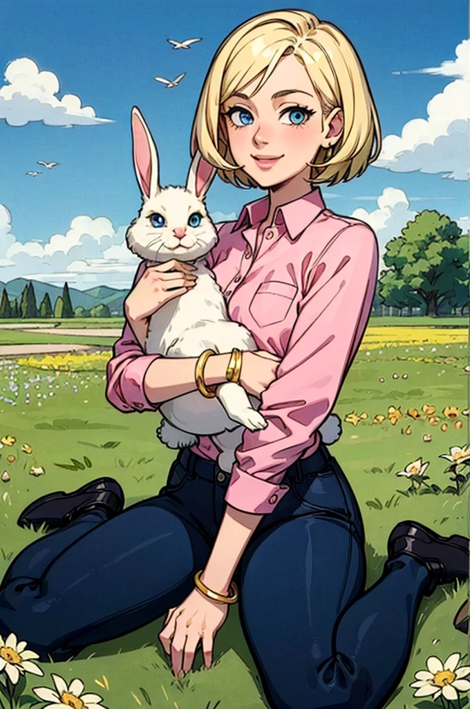 sarah,short blonde hair, blue eyes, pink shirt, black long sleeves, plaid pants, bracelet, looking at viewer, smiling, happy, sitting, wariza, on grass, holding a bunny, outside, park, flower field, blue sky, dreamy ambiance, high quality, masterpiece,  