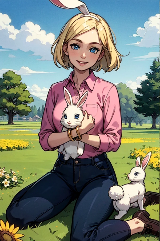 sarah,short blonde hair, blue eyes, pink shirt, black long sleeves, plaid pants, bracelet, looking at viewer, smiling, happy, sitting, wariza, on grass, holding a bunny, outside, park, flower field, blue sky, dreamy ambiance, high quality, masterpiece,