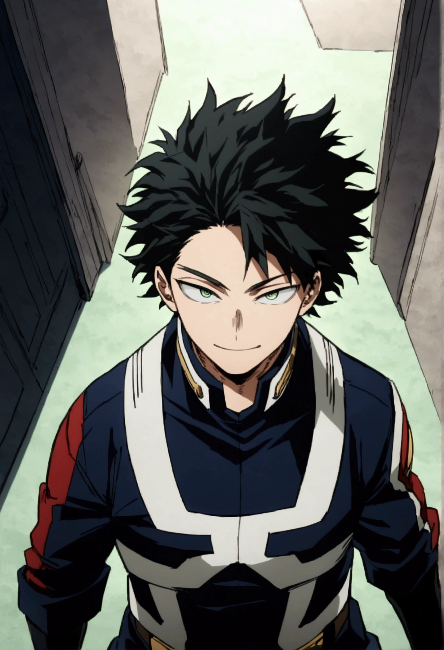  high image quality, He is a 17 year old teenager, He has slightly disheveled very black hair..., somewhat light green eyes, , muscular body , nice face , attractive, happy face,  He is dressed in the anime male uniform "my hero academia", detailed face, bright green eyes 