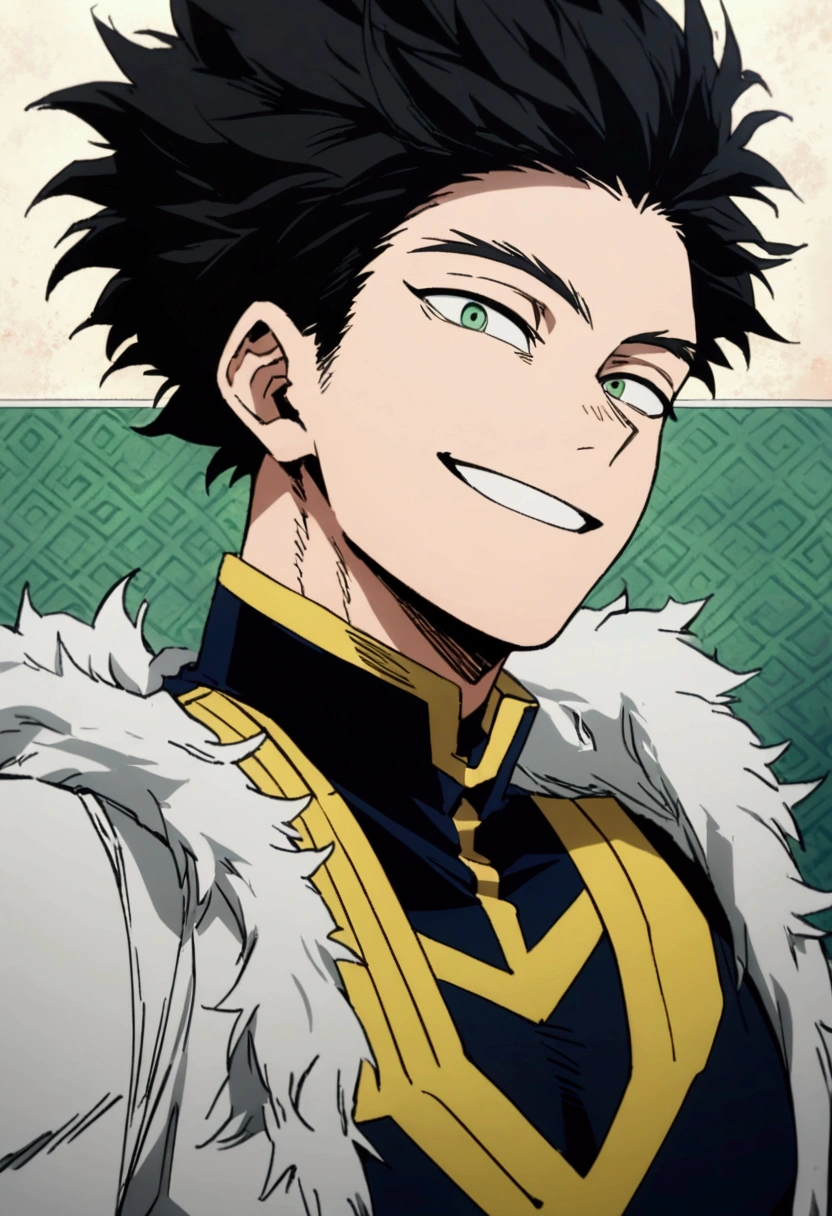 high image quality, He is a 17 year old teenager, He has slightly disheveled very black hair..., somewhat light green eyes, , muscular body , nice face , attractive, happy face, He is dressed in the anime male uniform "my hero academia", detailed face, bright green eyes