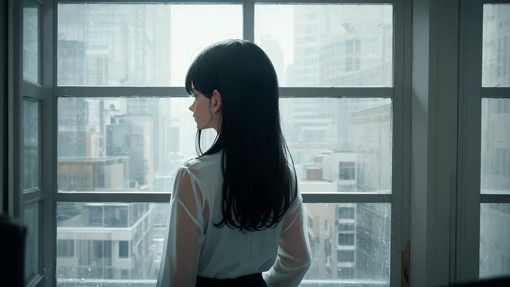{best quality}, {very aesthetic}, {ultra-detailed}, {8k}, {Super elaborate face}, {Super-smart body}, Wet day, (A woman looking out the window indoors,Behind the scenes), An ennui atmosphere, White blouse, Super fine hair, flat chest, 1girl, Rain outside the window, back view,