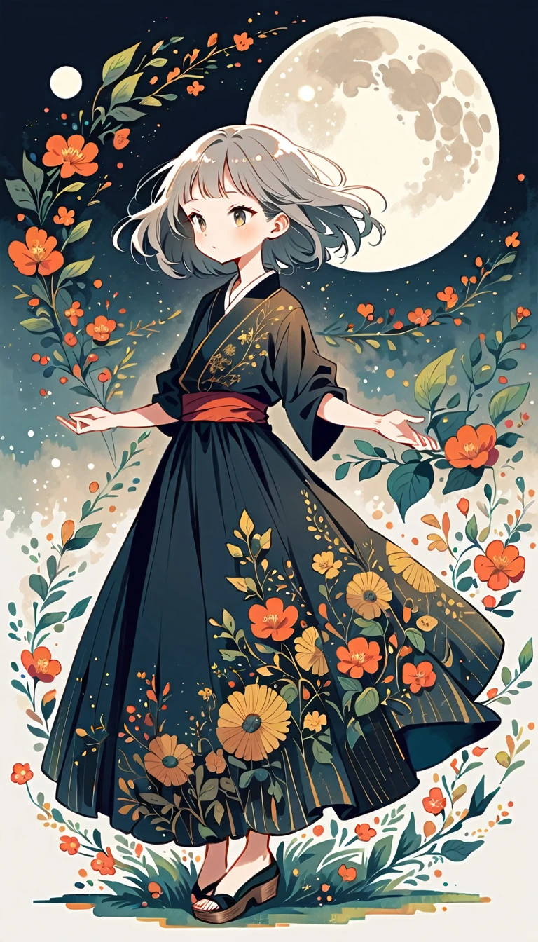 white background, Fujichoco style, black kimono, (((The Most Beautiful Girl))), gray hair, ((precise full moon)), simple background, Simple line initialism, full body, black tone,