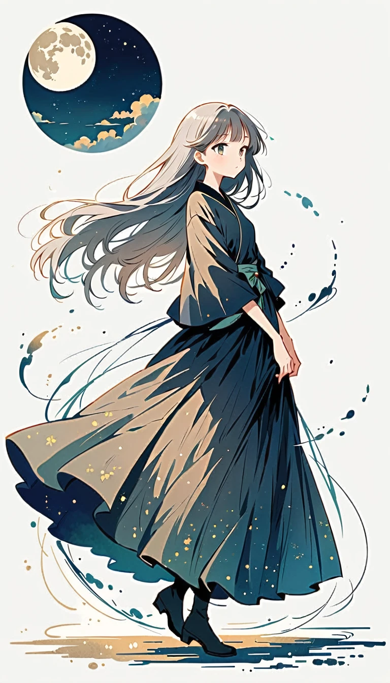 white background, Fujichoco style, black kimono, (((The Most Beautiful Girl))), gray hair, ((precise full moon)), simple background, Simple line initialism, full body, black tone,