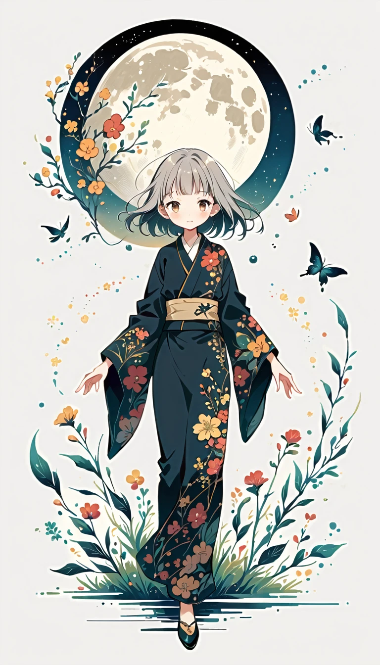 white background, Fujichoco style, black kimono, (((The Most Beautiful Girl))), gray hair, ((precise full moon)), simple background, Simple line initialism, full body, black tone,