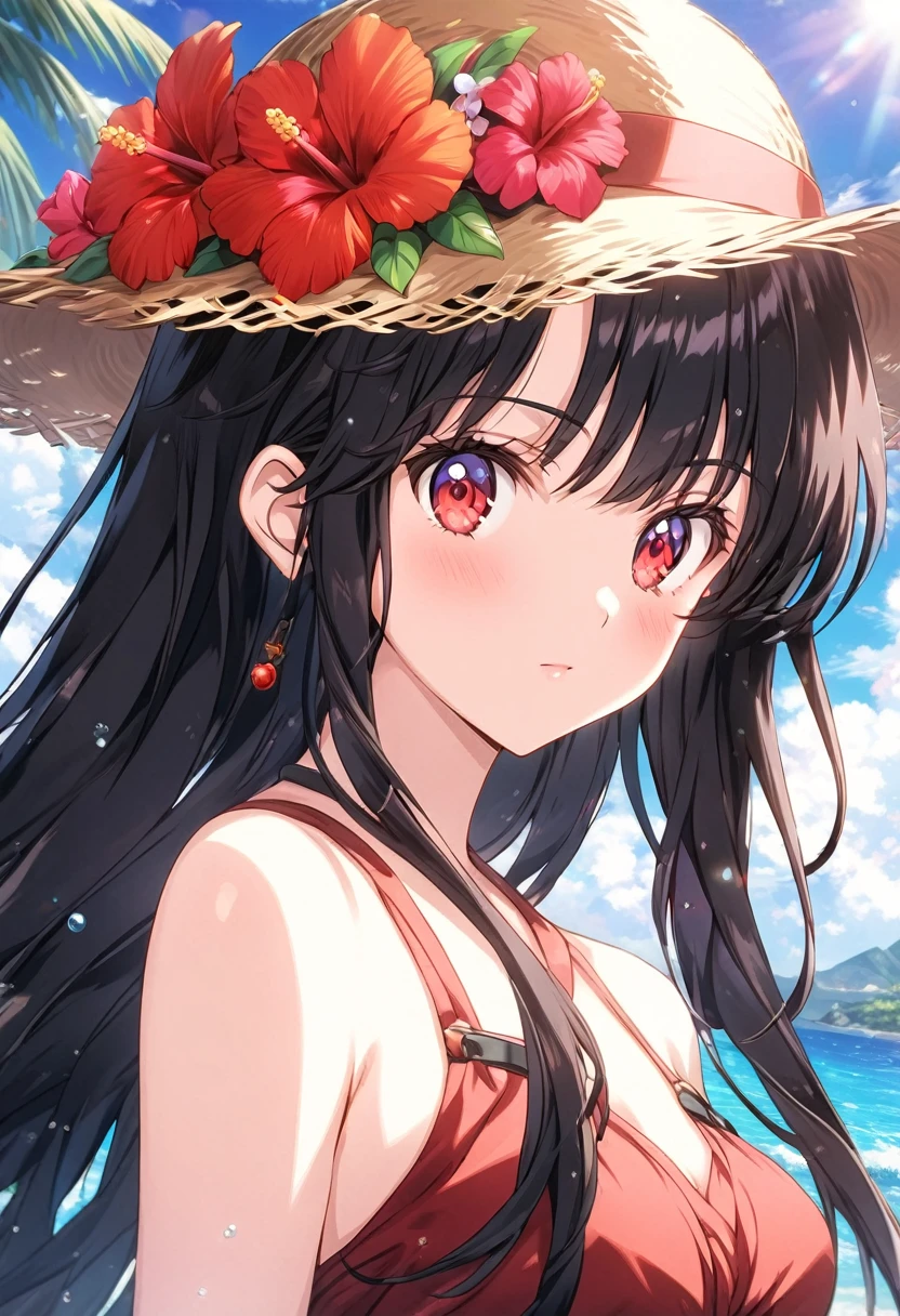 (masterpiece, best quality), very aesthetic, absurdres, extremely detailed CG unity 8k wallpaper, cel anime style, super fine illustration, (detailed_face:1.2), BREAK 1girl, long black hair wearing a straw hat, (sarong pass), small breasts, (glamorous expression), red eyes, anime style 8k, beautiful anime portrait, anime moe art style, anime art wallpaper 8k, High quality anime art style, anime style portrait, be familiar with digital anime art, anime art wallpaper 8k, cute anime girl portrait, Hawaii background, blue sea, palm trees, sunlight, full body, BREAK depth of field, perfect hands, nice fingers, 5_finger, 4_finger,1_thumb,