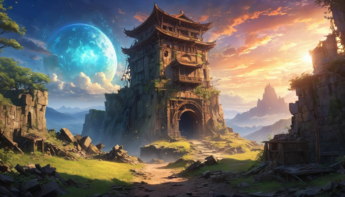 (anime, fantasy, portal),(best quality, highres, HDR:1.2),vibrant colors, mysterious atmosphere, weathered watchtower , crumbling down, debris, general shot, ethereal light, fantastical landscapes