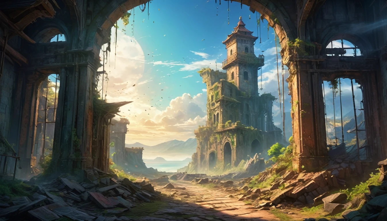 (anime, fantasy, portal),(best quality, highres, HDR:1.2),vibrant colors, mysterious atmosphere, weathered watchtower , crumbling down, debris, general shot, ethereal light, fantastical landscapes