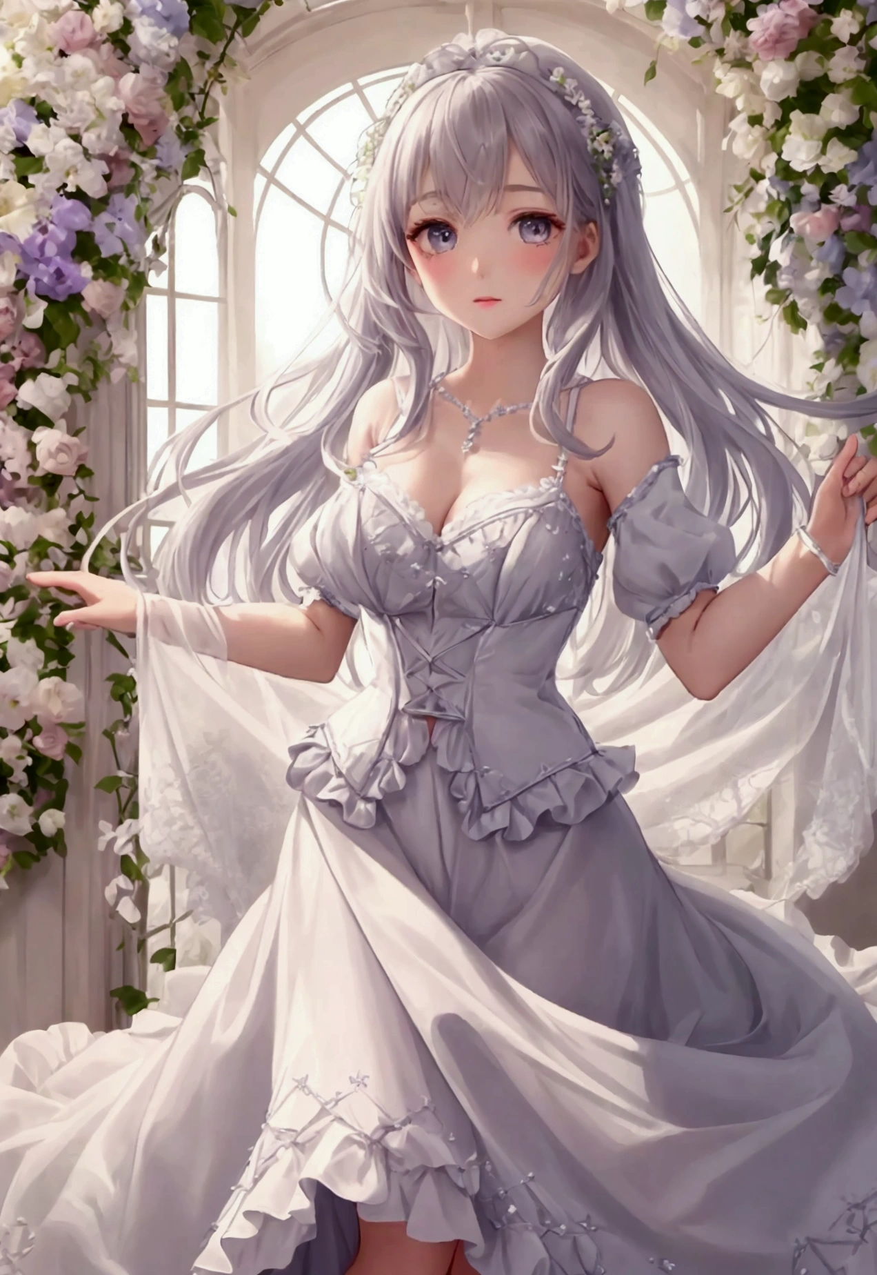 Most beautiful teenage bride wearing an elegant off the shoulder white wedding dress with a vail. Most dreamy figure and facial features. Extremely long white hair and purple eyes.