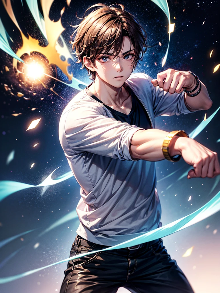 Highest quality,Highest Resolution,A beautiful boy in casual clothes striking a fighting pose,Brown Hair,universe,Milky Way,Both hands are glowing,whole body,front,Expressionless,